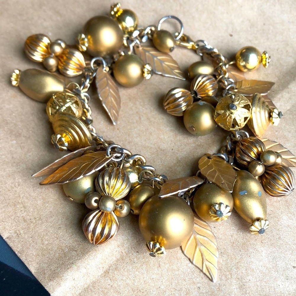 Vintage Gold Leaf Leaves Acorn Autumn Charm Bracelet